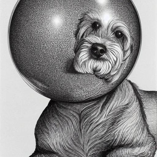 Image similar to self portrait of a havanese dog reflecting into a chrome sphere held by a dog's paw, pen on paper, by mc escher