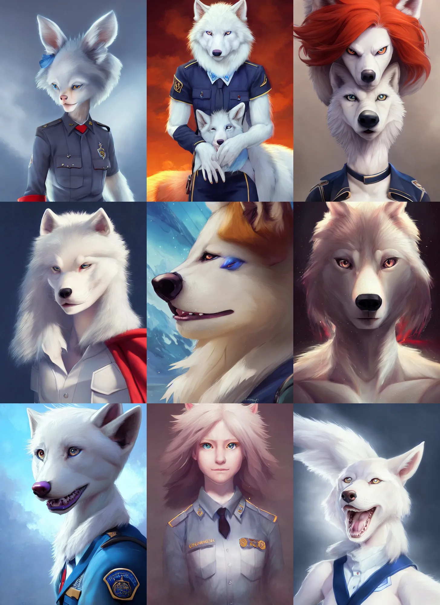 Prompt: beautiful portrait of a female anthropomorphic albino wolf fursona with blue eyes and red hair wearing a state trooper uniform. character design by disney, charlie bowater, ross tran, artgerm, and makoto shinkai, detailed, soft lighting, rendered in octane