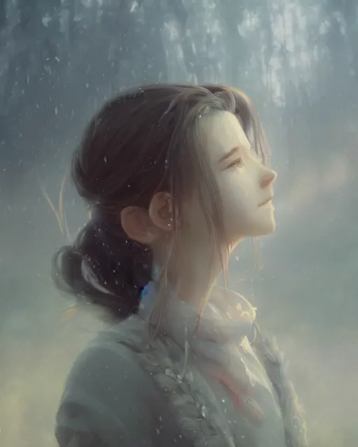 Image similar to beautiful aerith gainsborough, face centered portrait, cottagecore, confident, fog, rain, volumetric lighting, soft light particles floating near her, illustration, perfectly shaded, oft painting, art by krenz cushart and wenjun lin