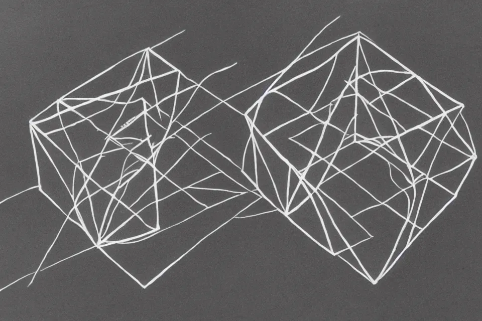 Image similar to geometric anamorphic drawing of a tesseract