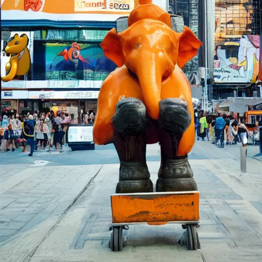 Image similar to an orange elephant on a skateboard in times square at sunset