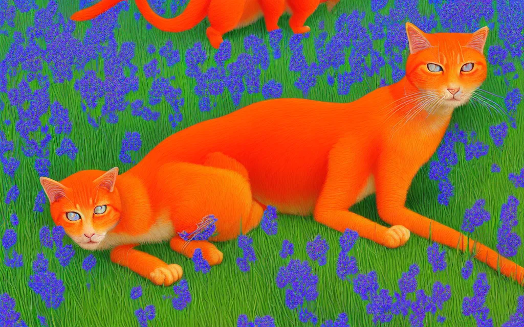 Prompt: an orange cat in a field of turquoise blue flowers, intricate, elegant, highly detailed, digital painting, artstation, concept art, smooth, sharp focus, illustration, by ilya kuvshinov and makoto shinkai and ruan jia