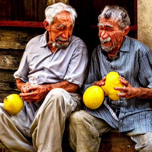 Image similar to old men eating lemon very detailed photo award winning, realistic real life style