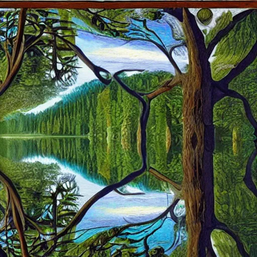 Image similar to escher painting of a lake, big trees reflecting on lake surface, ultra sharp, ultra detailed, colorized by salvador