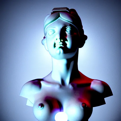 Image similar to sci - fi cgartist wide shot anaglyph ambient occlusion rendering of a hyper realistic marble greek statuary beautiful goddess glowing with embedded leds head product photo high key colored lighting, trending on artstation volumetric lighting