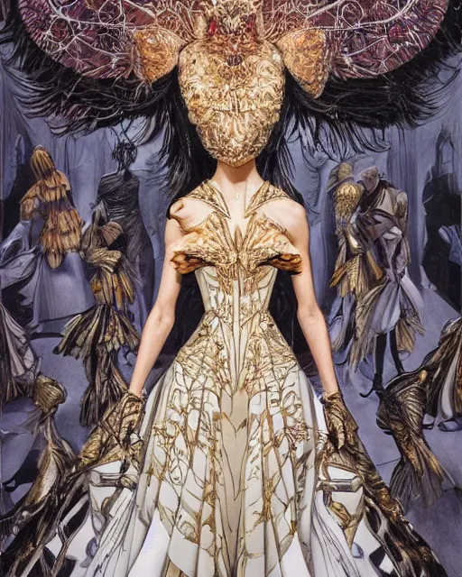 Image similar to fashion model walking down a catwalk, elaborate dress by alexander mcqueen, detailed face, beautiful feminine face, art by michael whelan and chris moore and howard david johnson and tim white and dan giancola