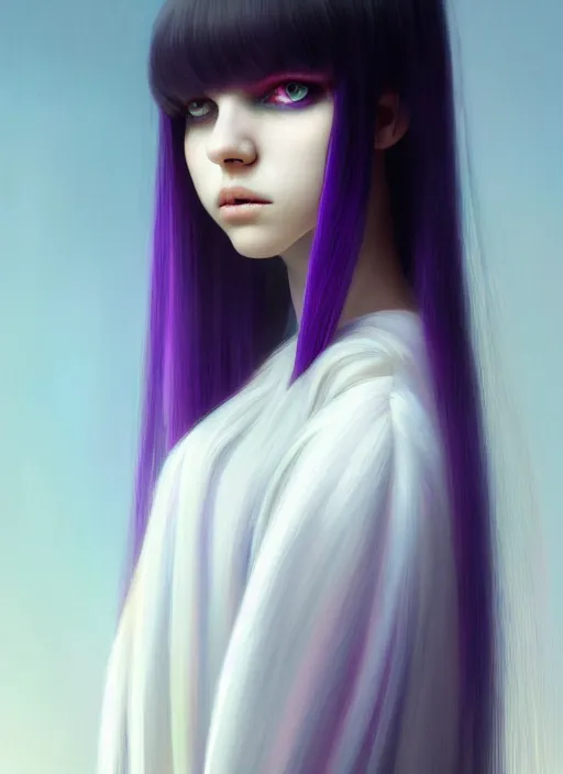 Image similar to hair whitebangs hair, black hair, whitebangs, portrait of teenage girl with white bangs, red irises, purple clothes, white bangs, bangs are different color from hair, intricate, elegant, glowing lights, highly detailed, digital painting, artstation, concept art, smooth, sharp focus, illustration, art by wlop, mars ravelo and greg rutkowski