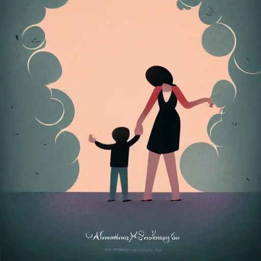 Image similar to beautiful cinematic style illustration where a mother appears with her happy son