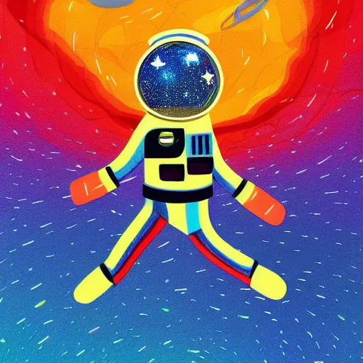 Image similar to space astronaut floating of away from the earth, complex wavy rainbow lines, particals and distortion, in the style of Ori Toor