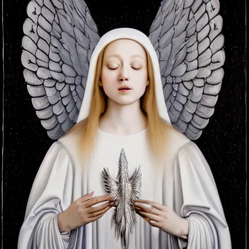 Image similar to highdetailed hyperrealistic painting of white angel!!! no gender smiling noface!!!, light instead of hands, white sparkles everywhere, 4 k hd face!!!, big silver high detailed wings!!!, renaissance, by jan van eyck, holography space, glow effect, large strokes, monochrome!!!!!