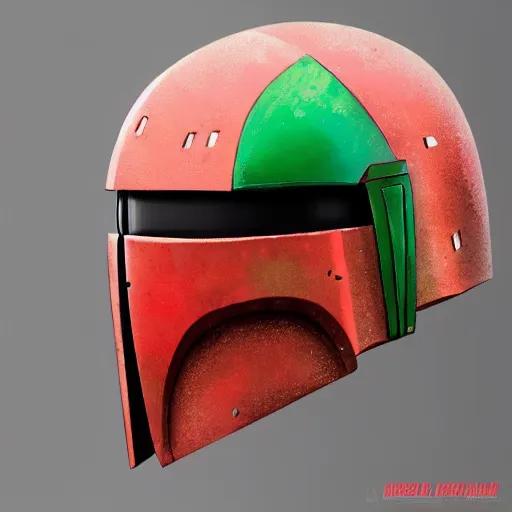Image similar to a green and red robot ninja mandalorian looking helmet that looks like it is from Borderlands, there’s a circular notch in the center by Feng Zhu and Loish and Laurie Greasley, Victo Ngai, Andreas Rocha, John Harris