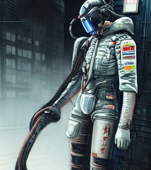 Image similar to realistic cyberpunk japanese engineer with long limbs and a black spacesuit welding a wall, techwear, dead space, visible face, Industrial Scifi, detailed illustration, character portrait, by Martin Grip and Moebius