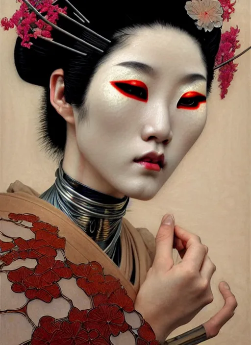 Image similar to Japanese cyborg geisha, face opening, diffuse lighting, fantasy, intricate, elegant, highly detailed, lifelike, photorealistic, digital painting, artstation, illustration, concept art, smooth, sharp focus, art by John Collier and Albert Aublet and Krenz Cushart and Artem Demura and Alphonse Mucha