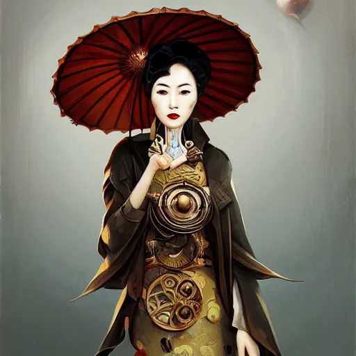 Image similar to steampunk Chinese lady with umbrella, detailed, digital painting, concept art, smooth, sharp focus, illustration, by Anato Finnstark, Tom Bagshaw, Brom