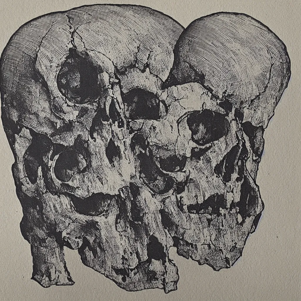 Image similar to blockprint of a skull