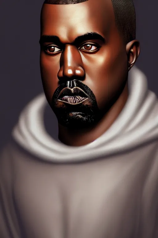 Image similar to a demonic horrific portrait of kanye west, white eyes, bored, illustration, soft lighting, soft details, painting oil on canvas by edmund blair leighton and charlie bowater octane render, hdr, trending on artstation, 4 k, 8 k, hd