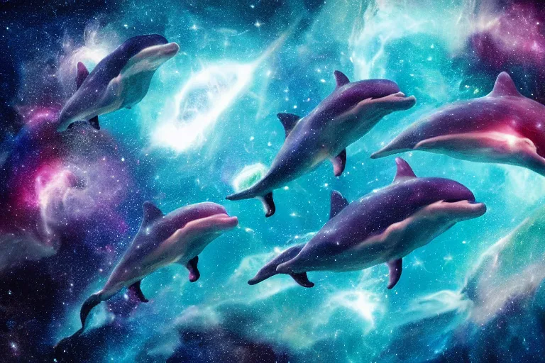 Prompt: a group of cosmic dolphins swimming and jumping out of a ocean of the cosmos, epic composition, 4 k