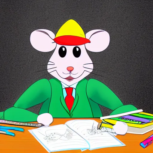 Prompt: cartoon of a rat in school uniform on his first day of school, highly detailed, colourful