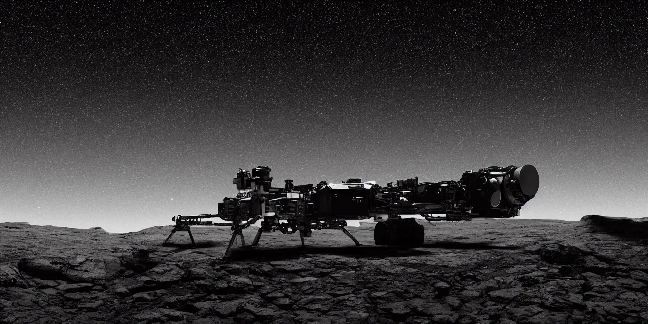 Image similar to black and white photo of a retailed spaceship landing on bright mars, black background with glowing stars and satalites, cinematic film still, high contrast, astrophotography, 4 k, 1 7 mm lens imax camera,