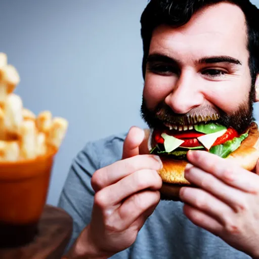 Prompt: man eating a hamburger