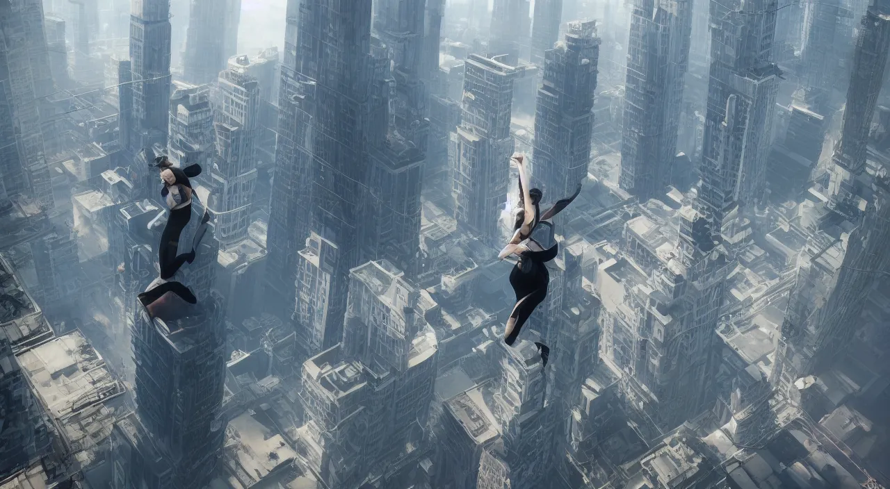 Image similar to a woman standing on top of a tall building, a detailed matte painting by Jeremy Geddes, trending on cgsociety, panfuturism, playstation 5 screenshot, unreal engine, unreal engine 5