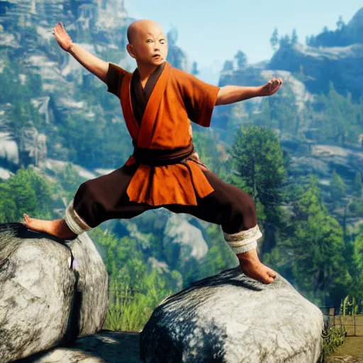 Image similar to Baby shaolin monk practicing kung fu on a mountain top, RDR 2 mod