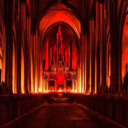 Prompt: A dark cathedral made up of red sandstone lit up by a torches. In the middle of the cathedral is a bonfire surrounded by cultists in red hoods. Their backs facing towards the camera. Dream like.