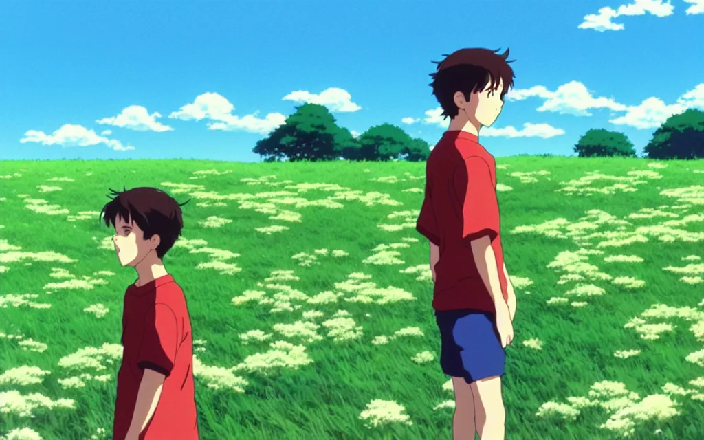 Image similar to a boy wearing a red soccer jersey day dreaming on a field of flower, beautiful bright blue sky. 35mm film. makoto shinkai, studio ghibli.