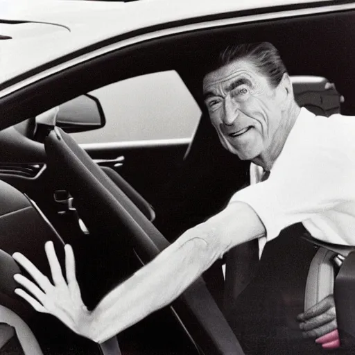 Image similar to “ ronald regan nervously locking his car door as he drives past a black person ”