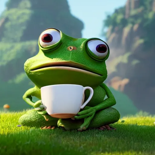 Image similar to a wholesome animation key shot of small pepe the frog holding a cup of coffee on a hill, medium shot, studio ghibli, pixar and disney animation, sharp, rendered in unreal engine 5, anime key art by greg rutkowski, bloom, dramatic lighting