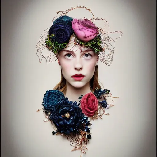 Prompt: a beautiful portrait with a hat made by rosegold wire designed by balenciaga and inspired by egon schiele style,some wires and flowers around the head,navy blue flowers and wires made by rose gold,cinematic lighting,cinematic composition,highly detailed,inspired by baroque jewelry ,hyper realistic,