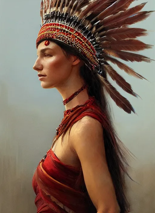 Image similar to gorgeous redskin woman wearing headdress, intricate, elegant, highly detailed, artstation, concept art, smooth, sharp focus, illustration, art by stefan kostic and greg rutkowski