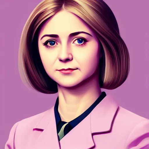 Prompt: natalya poklonskaya as young female, young female prosecutor at her job, muted colors, matte print, pastel colors, 2d, ultra highly detailed, smooth, sharp focus, digital art, digital painting, fan art, elegant, artstation, head is centered, by Ilya Kuvshinov