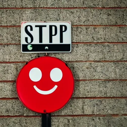 Prompt: a stop sign with a smiley face on it