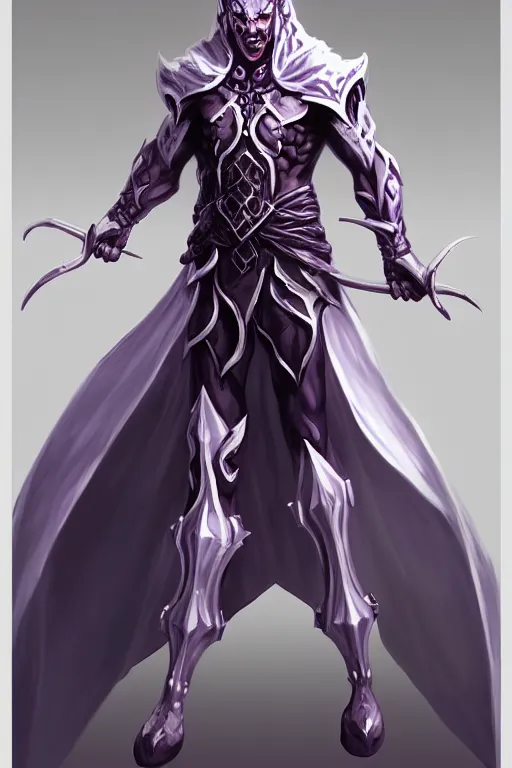 Image similar to human male demon, full body white purple cloak, hero, armor, character concept art, costume design, black eyes, white horns, trending on artstation, Artgerm , WLOP