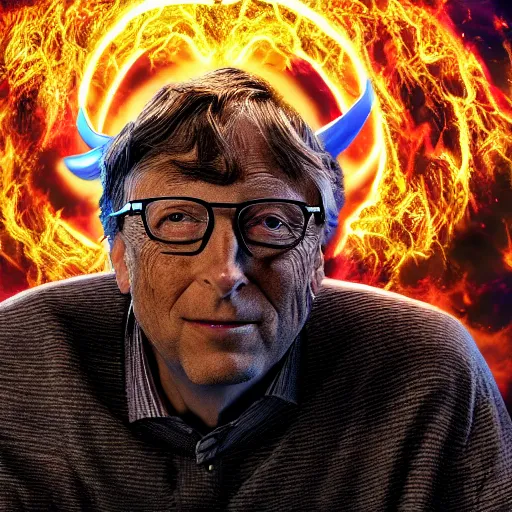 Image similar to bill gates fights demons, highly detailed, 8 k, masterpiece, super resolution.
