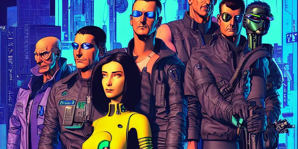 Image similar to cyberpunk police squad. portrait by stonehouse and mœbius and will eisner and gil elvgren and pixar. character design. realistic proportions. dystopian. cyberpunk 2 0 7 7 character art, blade runner 2 0 4 9 concept art. cel shading. attractive face. thick lines. hi def 4 k. the team. detailed interesting characters. realistic faces.