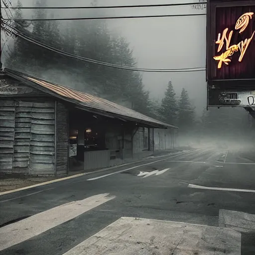 Image similar to highway restaurant with rustic architecture. cyberpunk style. apocalyptic style. photo. photorealistic. nebulous. fog.