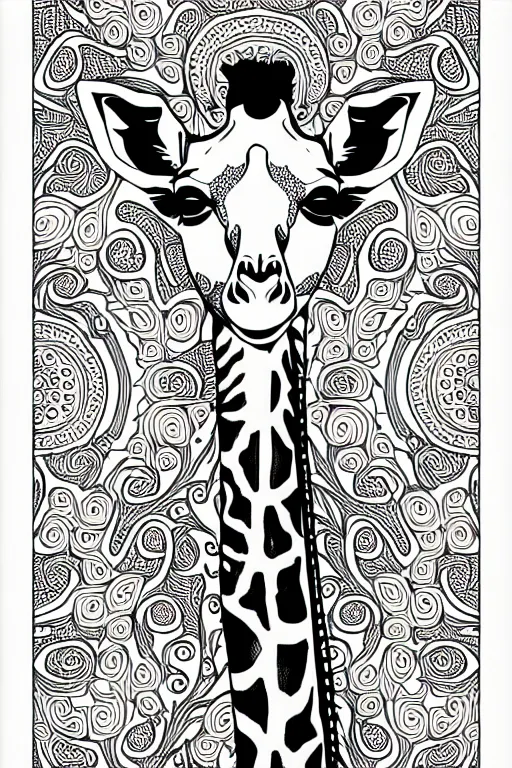 Image similar to giraffe ornate luxury fractal ink drawing line art colouring page, vector, margins, fine lines, centered