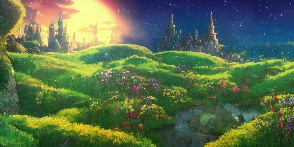 Image similar to a still of a background from howl's moving castle!!!!! of hobbiton, light bloom, studio ghibli!!!!!