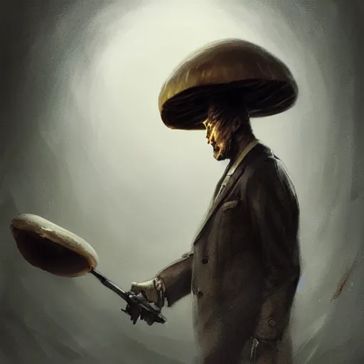 Image similar to a well - dressed mushroom man with a mushroom for a head, dramatic lighting, illustration by greg rutkowski, yoji shinkawa, 4 k, digital art, concept art, trending on artstation