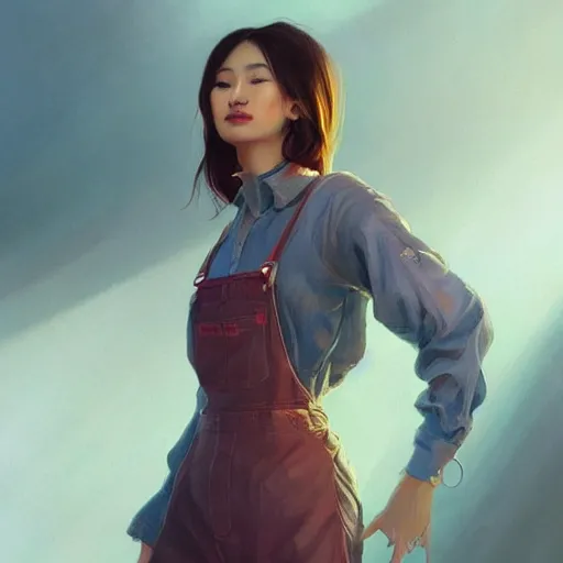 Image similar to a fierce yet beautiful Asian woman wearing overalls, highly detailed, digital painting, artstation, concept art, sharp focus, illustration, cinematic lighting, art by artgerm and greg rutkowski and alphonse mucha