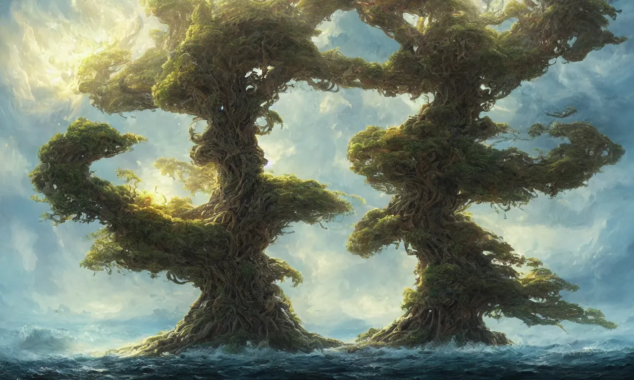 Image similar to a beautiful painting of a huge sacred, mystical, mysterious tree on an island blooming with exotic glowing flowers and bugs in the middle of a violent tumultuous sea by john blanche and greg rutkowski, trending on artstation, midjourney