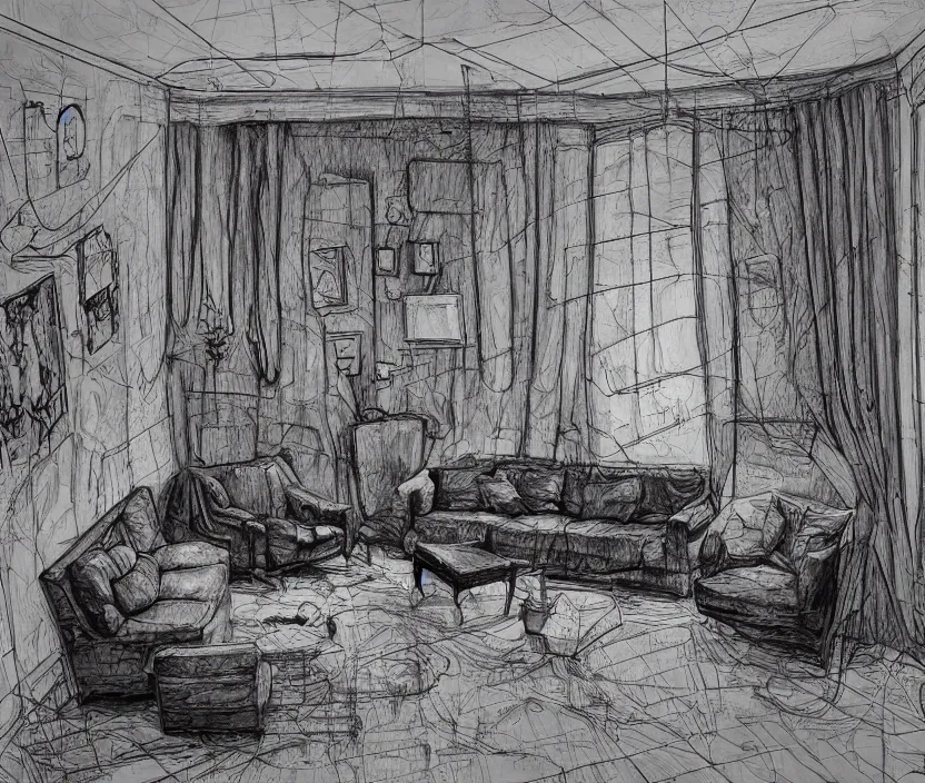 Image similar to An of interior of a living room at night, rotoscoped, rotoscope, photoshop, photomanipulation, realism, painting, illustration and sketch, weird scribbles, hybrid styles, hybrid art styles, mismatched, trending on artstation, trending on deviantart, weird, quirky, interesting, very detailed, highly detailed, HD Quality, 4k resolution, 8k resolution, in the style of David Firth, in the style of James Lee, in the style of Drue Langlois,