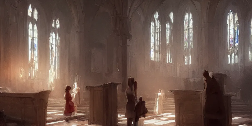 Prompt: a beautiful painting of two people in the church, greg rutkowski style, trending on artstation