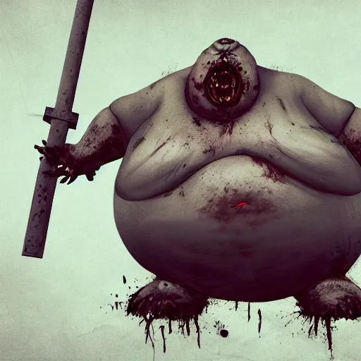 Image similar to angry extremely fat obese giant boated rotting zombie, full body portrait, with clothese, horror core, apocalyptic, feeling of grimdark, sharp focus, fiction, hyper detailed, digital art, trending in artstation, cinematic lighting, studio quality, smooth render, unreal engine 5 rendered, octane rendered, art style and nixeu and wlop and krenz cushart