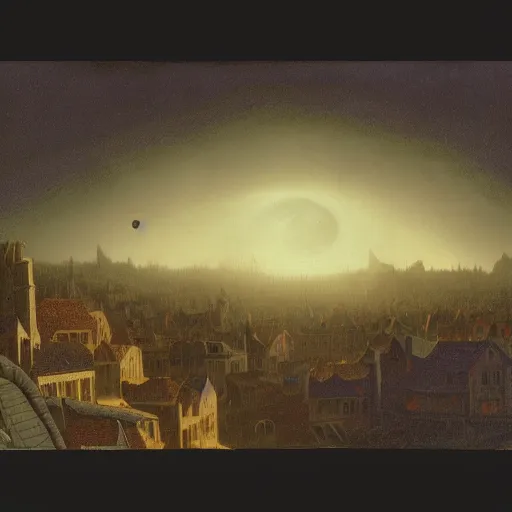 Image similar to dark solar eclipse, above a village, highly detailed, studio 4 k quality, by carl gustav carus