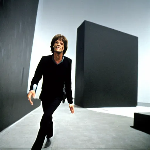 Image similar to mick jagger in front of a huge black monolith, from the movie 2 0 0 1 a space oddisey directed by stanley kubrick, detailed photo,