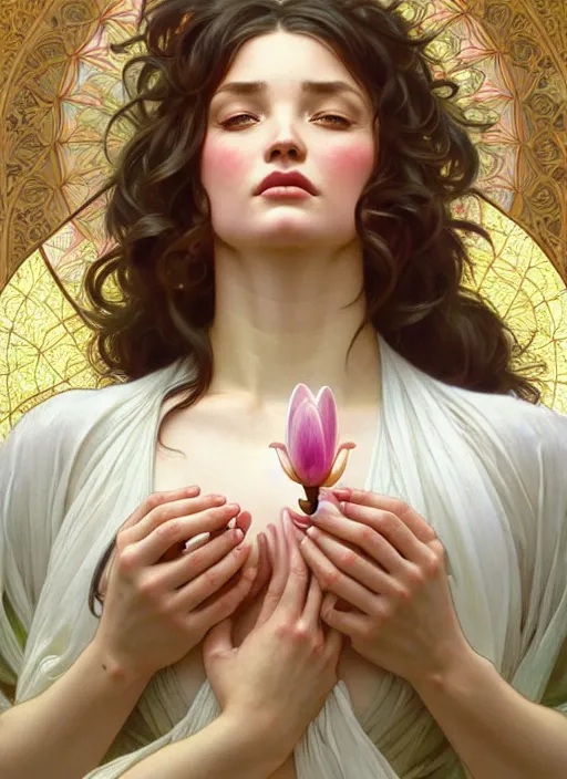 Image similar to perfectly detailed magnolia flowers!! blessed by nature with ever - increasing physical mental perfection, symmetrical! intricate, sensual features, highly detailed, biblical divine holy perfection!! digital painting, artstation, concept art, smooth, sharp focus, illustration, art by artgerm and greg rutkowski and alphonse mucha