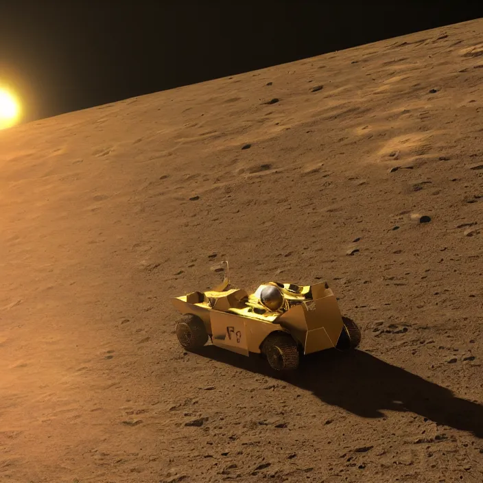 Image similar to a 3 d render of a golden reflective astronaut racecar on the moon, 8 k, realistic, dynamic, artstation, digital art